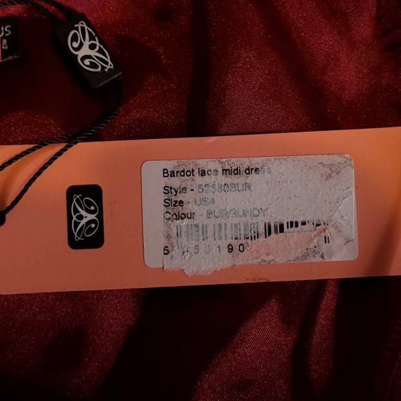 Chi Chi Womens Bardot Midi‎ Dress Fit & Flare Red Burgundy Lace Hem Lined 4 New - Picture 8 of 10